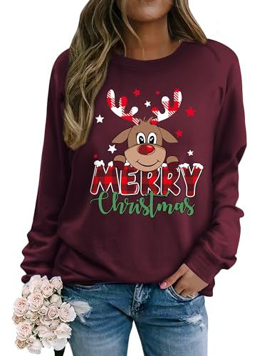 Dresswel Weihnachtspullover Damen Merry Christmas Sweatshirt Lustig Rudolph Rentier Druck Baumwolle Weihnachten Weihnachts Xmas Pullover Weihnachtspulli Teenager Mädchen von Dresswel