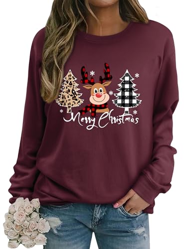 Dresswel Weihnachtspullover Damen Merry Christmas Sweatshirt Lustig Rudolph Rentier Druck Baumwolle Weihnachten Weihnachts Xmas Pullover Weihnachtspulli Teenager Mädchen von Dresswel