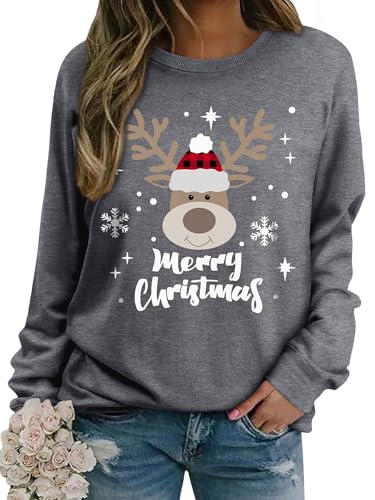 Dresswel Weihnachtspullover Damen Merry Christmas Sweatshirt Lustig Rudolph Rentier Druck Baumwolle Weihnachten Weihnachts Xmas Pullover Weihnachtspulli Teenager Mädchen von Dresswel
