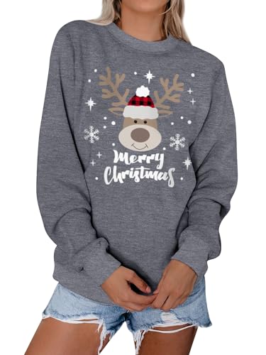 Dresswel Weihnachtspullover Damen Merry Christmas Sweatshirt Lustig Rudolph Rentier Druck Baumwolle Weihnachten Weihnachts Xmas Pullover Weihnachtspulli Teenager Mädchen von Dresswel