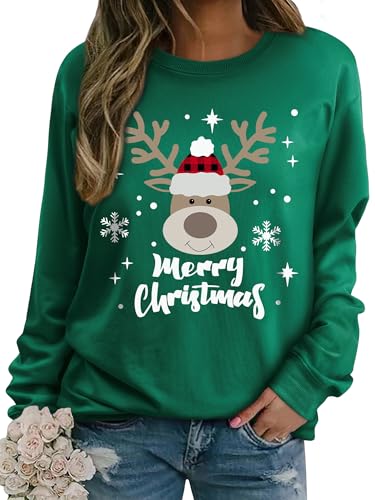 Dresswel Weihnachtspullover Damen Merry Christmas Sweatshirt Lustig Rudolph Rentier Druck Baumwolle Weihnachten Weihnachts Xmas Pullover Weihnachtspulli Teenager Mädchen von Dresswel