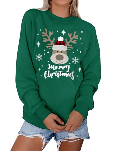 Dresswel Weihnachtspullover Damen Merry Christmas Sweatshirt Lustig Rudolph Rentier Druck Baumwolle Weihnachten Weihnachts Xmas Pullover Weihnachtspulli Teenager Mädchen von Dresswel