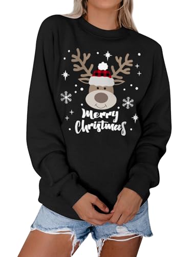 Dresswel Weihnachtspullover Damen Merry Christmas Sweatshirt Lustig Rudolph Rentier Druck Baumwolle Weihnachten Weihnachts Xmas Pullover Weihnachtspulli Teenager Mädchen von Dresswel