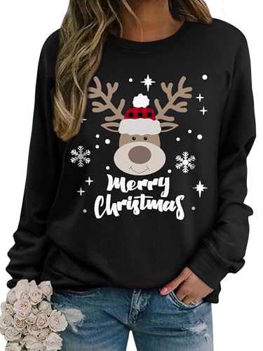 Dresswel Weihnachtspullover Damen Merry Christmas Sweatshirt Lustig Rudolph Rentier Druck Baumwolle Weihnachten Weihnachts Xmas Pullover Weihnachtspulli Teenager Mädchen von Dresswel