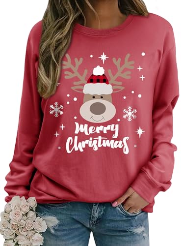 Dresswel Weihnachtspullover Damen Merry Christmas Sweatshirt Lustig Rudolph Rentier Druck Baumwolle Weihnachten Weihnachts Xmas Pullover Weihnachtspulli Teenager Mädchen von Dresswel