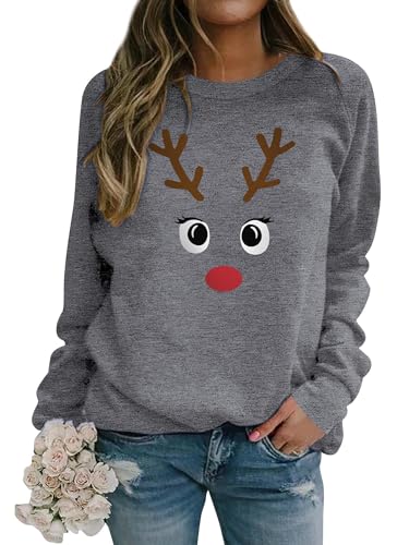 Dresswel Weihnachtspullover Damen Merry Christmas Sweatshirt Lustig Rudolph Rentier Druck Baumwolle Weihnachten Weihnachts Xmas Pullover Weihnachtspulli Teenager Mädchen von Dresswel