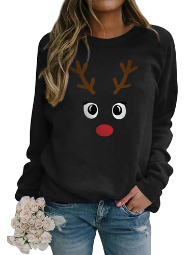 Dresswel Weihnachtspullover Damen Merry Christmas Sweatshirt Lustig Rudolph Rentier Druck Baumwolle Weihnachten Weihnachts Xmas Pullover Weihnachtspulli Teenager Mädchen von Dresswel