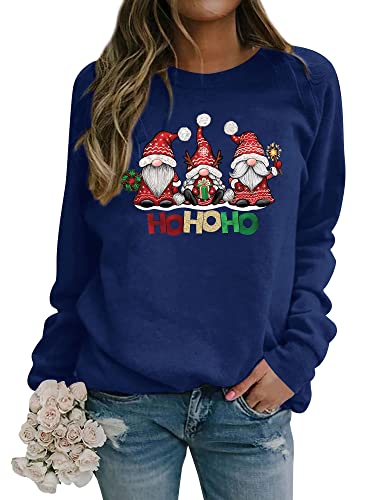 Dresswel Weihnachtspullover Damen Merry Christmas Sweatshirt Lustig Zwerge Druck Baumwolle Weihnachten Pullover Weihnachts Tops Xmas Weihnachtspulli Teenager Mädchen (2-Blau, M) von Dresswel