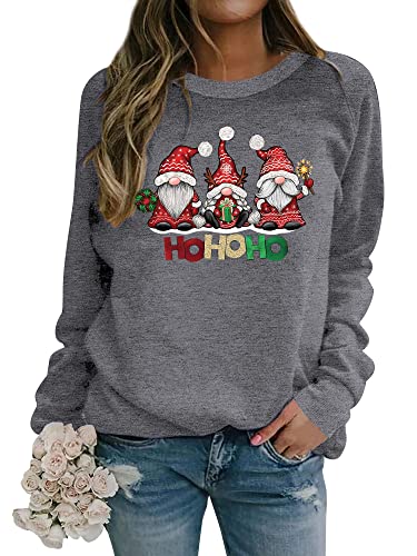 Dresswel Weihnachtspullover Damen Merry Christmas Sweatshirt Lustig Zwerge Druck Baumwolle Weihnachten Pullover Weihnachts Tops Xmas Weihnachtspulli Teenager Mädchen (2-Grau, L) von Dresswel