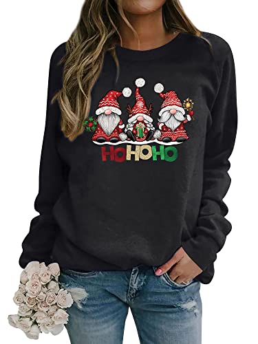 Dresswel Weihnachtspullover Damen Merry Christmas Sweatshirt Lustig Zwerge Druck Baumwolle Weihnachten Pullover Weihnachts Tops Xmas Weihnachtspulli Teenager Mädchen (2-Schwarz, XL) von Dresswel