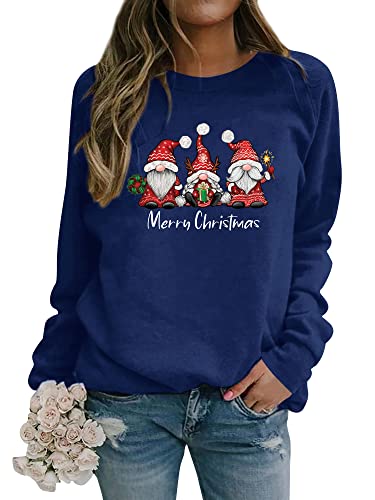 Dresswel Weihnachtspullover Damen Merry Christmas Sweatshirt Lustig Zwerge Druck Baumwolle Weihnachten Pullover Weihnachts Tops Xmas Weihnachtspulli Teenager Mädchen (3-Blau, L) von Dresswel