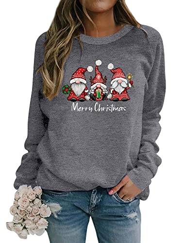 Dresswel Weihnachtspullover Damen Merry Christmas Sweatshirt Lustig Zwerge Druck Baumwolle Weihnachten Pullover Weihnachts Tops Xmas Weihnachtspulli Teenager Mädchen (3-Grau, XL) von Dresswel