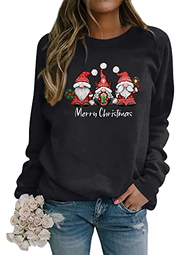 Dresswel Weihnachtspullover Damen Merry Christmas Sweatshirt Lustig Zwerge Druck Baumwolle Weihnachten Pullover Weihnachts Tops Xmas Weihnachtspulli Teenager Mädchen (3-Schwarz, L) von Dresswel