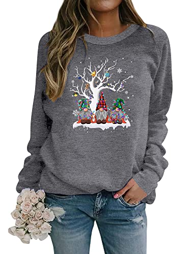 Dresswel Weihnachtspullover Damen Merry Christmas Sweatshirt Lustig Zwerge Druck Baumwolle Weihnachten Pullover Weihnachts Tops Xmas Weihnachtspulli Teenager Mädchen (4-Grau, L) von Dresswel