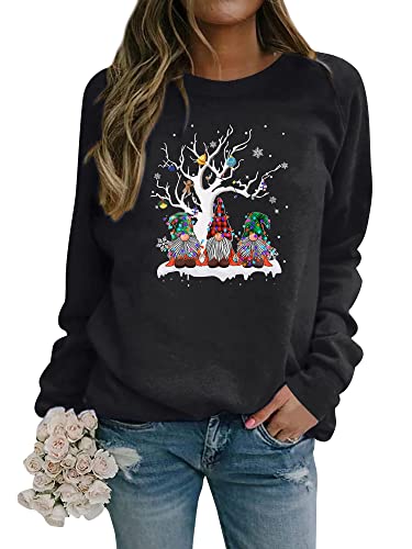 Dresswel Weihnachtspullover Damen Merry Christmas Sweatshirt Lustig Zwerge Druck Baumwolle Weihnachten Pullover Weihnachts Tops Xmas Weihnachtspulli Teenager Mädchen (4-Schwarz, M) von Dresswel