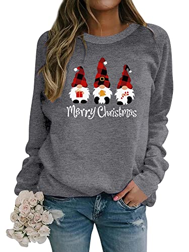 Dresswel Weihnachtspullover Damen Merry Christmas Sweatshirt Lustig Zwerge Druck Baumwolle Weihnachten Pullover Weihnachts Tops Xmas Weihnachtspulli Teenager Mädchen (5-Grau, XL) von Dresswel