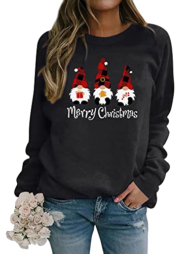 Dresswel Weihnachtspullover Damen Merry Christmas Sweatshirt Lustig Zwerge Druck Baumwolle Weihnachten Pullover Weihnachts Tops Xmas Weihnachtspulli Teenager Mädchen (5-Schwarz, L) von Dresswel