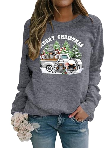 Dresswel Weihnachtspullover Damen Merry Christmas Sweatshirt Lustig Zwerge Druck Baumwolle Weihnachten Pullover Weihnachts Tops Xmas Weihnachtspulli Teenager Mädchen von Dresswel