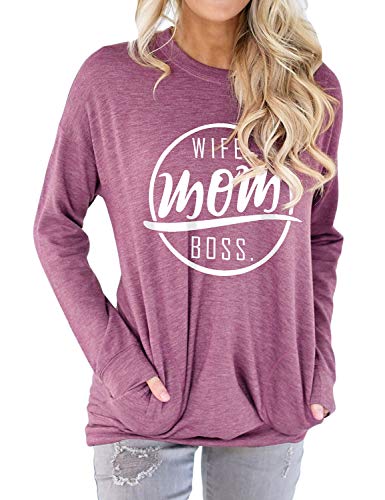 Dresswel Wife Mom Boss Shirt Damen Sweatshirt Pullover Langarmshirt Oberteile Bluse Tops mit Taschen von Dresswel