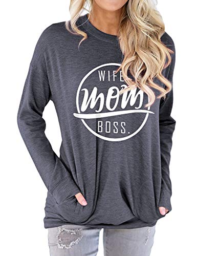 Dresswel Wife Mom Boss Shirt Damen Sweatshirt Pullover Langarmshirt Oberteile Bluse Tops mit Taschen von Dresswel