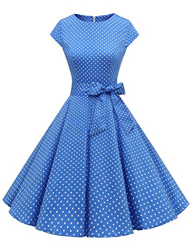 Dressystar 1956 Damen Vintage 50er Cap Sleeves Dot Einfarbig Rockabilly Swing Kleider Blau Weiß Dot A 3XL von Dressystar