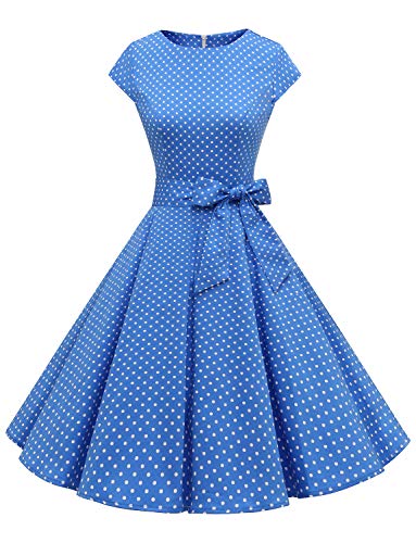 Dressystar 1956 Damen Vintage 50er Cap Sleeves Dot Einfarbig Rockabilly Swing Kleider Blau Weiß Dot A S von Dressystar
