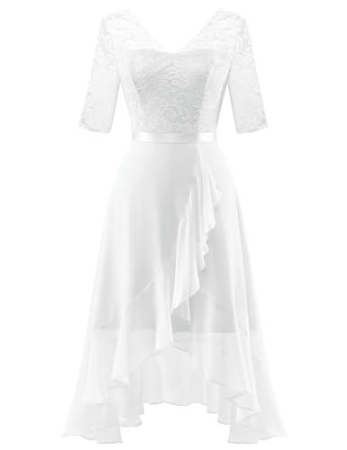 Dressystar Abendkleider Elegant für Hochzeit Damen V-Ausschnitt Spitze Chiffonkleid Festlich Hochzeit Brautkleid Vokuhila Kleid Weiß L von Dressystar