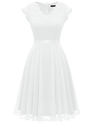 Dressystar Abendkleider Elegant für Hochzeit Sommerkleid Damen Brautkleid Kurz Standesamt Kleid Cocktailkleid Spitzenkleid Weiß L von Dressystar