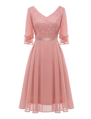 Dressystar Cocktailkleid Damen Elegant Abendkleider Festliche Damenmode mit Pailletten Overlay V-Ausschnitt Sommer Kleid Blush M von Dressystar