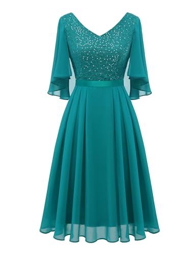 Dressystar Cocktailkleid Elegant Abendkleid für Hochzeit Chiffon Cape Overlay V-Ausschnitt Knielang A-Linie Abiballkleider Glitzer Pfauengrün L von Dressystar