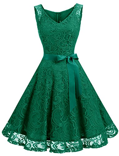 Dressystar Damen Elegant V-Ausschnitt Floral Spitzenkleid Cocktailkleid Kurz Brautjungfer Vintage Party Kleid Grün XXXL von Dressystar