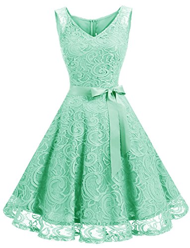 Dressystar Damen V-Ausschnitt Hochzeit Cocktail Spitzenkleid Elegant Brautjungfer Abendkleid Floral Kleid Mintgrün XL von Dressystar