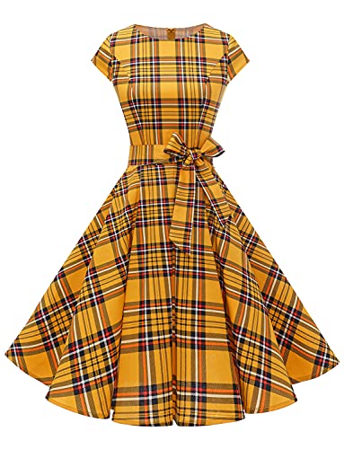 Dressystar Cocktailkleid Damen Vintage 50'S 60'S Audrey Hepburn Pin-up Retro, Yellow Plaid, Medium von Dressystar