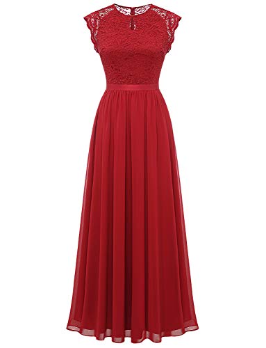 Dressystar Damen Abendkleid Elegant Hochzeit Rundhals Chiffon Spitzenkleid Bodenlang Dunkelrot L von Dressystar