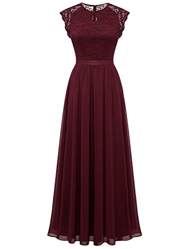 Dressystar Damen Abendkleid Elegant Hochzeit Rundkragen Chiffon Spitzenkleid Bodenlang Burgundy Rot L von Dressystar