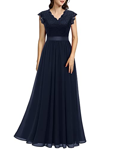 Dressystar Damen Abendkleid Elegant für Hochzeit Spitze Chiffon Lang Ballkleider Maxi Kleid Sommer Mädchen Cocktailkeider Marineblau L von Dressystar