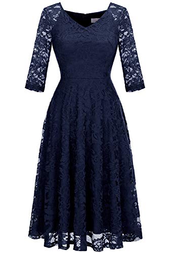 Dressystar Damen Elegant Cocktailkleid V-Ausschnitt Spitzenkleid Hochzeit Midi Brautjungfer Kleid Marineblau 3XL von Dressystar