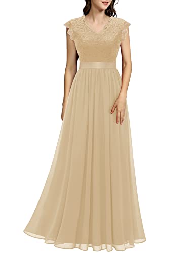 Dressystar Damen Abendkleid Lang Elegant für Hochzeit Spitze Chiffon Ballkleider Hochzeitskleider Maxikleid Spitzenkleid Champagner XXL von Dressystar