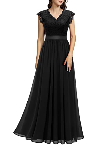 Dressystar Damen Abendkleid Lang Elegant für Hochzeit Spitze Chiffon Maxi Ballkleider Flügelärmel Cocktailkeider Schwarz L von Dressystar