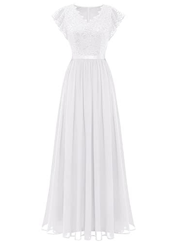 Dressystar Damen Abendkleider Elegant Hochzeit Floral Spitze Brautkleider Maxilang Chiffon Sommerkleid Weiß M von Dressystar