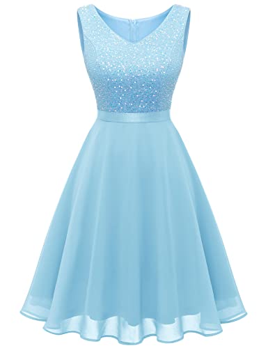 Dressystar Damen Abendkleider Elegant Konfirmationskleider Festliche Cocktailkleider für Hochzeit Jugendweihe Kleider Blau L von Dressystar