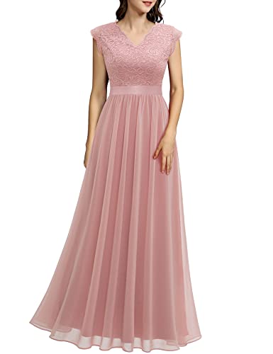 Dressystar Damen Abendkleider Elegant für Hochzeit Brautjungfernkleider Spitze Chiffon Maxi Lang Ballkleider Ärmel Blush M von Dressystar