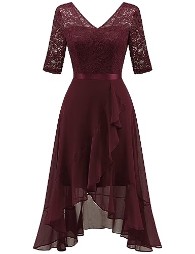 Dressystar Damen Abendkleider Elegant für Hochzeit Hochzeitsgäste Kleider Vokuhila Cocktailkleid Rüschensaum Burgunderrot L von Dressystar