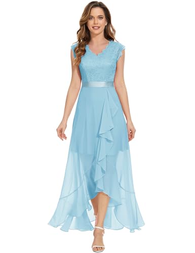 Dressystar Damen Abendkleider Elegant für Hochzeit V-Ausschnitt Cocktailkleid Spitze Chiffon Rüschen Brautjungfernkleid Hellblau XXL von Dressystar