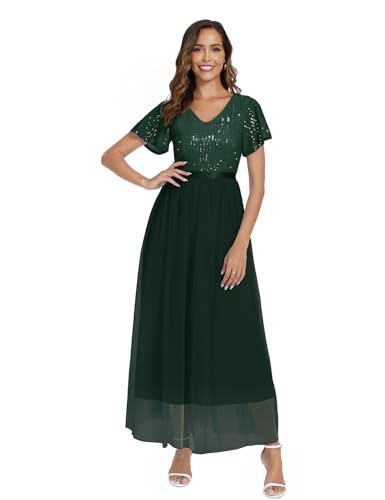 Dressystar Damen Ballkleid Maxi Länge Abendkleid V-Ausschnitt Pailletten Kurze Ärmel Geburtstag Partykleid Dunkelgrün S von Dressystar