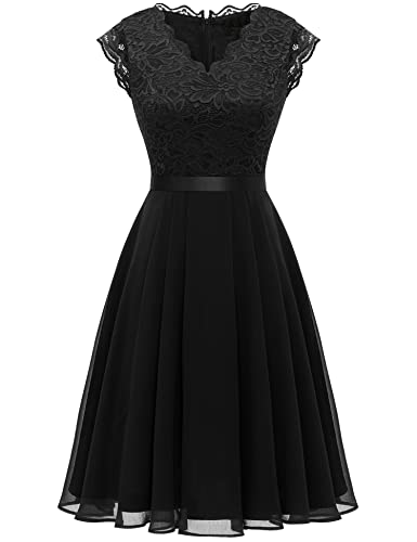 Dressystar Damen Elegant A Linie Cocktailkleid Knielang Abendkleider Spitzen Chiffon Kleid Kurz Ärmel Schwarz M von Dressystar
