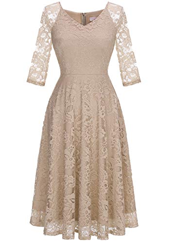 Dressystar Damen Elegant A-Linie Spitzenkleid Sommer Hochzeit Party Abendkleid Cocktailkleid Champagner L von Dressystar