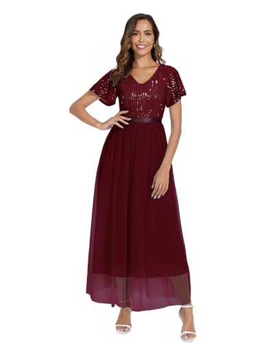 Dressystar Damen Elegant Abendkleid Pailletten Tüllkleid A-Linie Ballkleider Lang Partykleid Kurze Ärmel Burgunderrot M von Dressystar