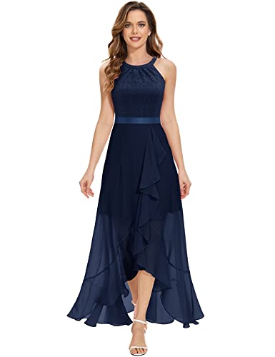 Dressystar Damen Elegant Abendkleider Lang Hochzeit Neckholder Cocktailkleid Abschlusskleid Chiffon Spitzenkleid Marineblau M von Dressystar