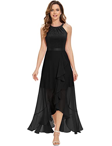 Dressystar Damen Elegant Abendkleider Maxi Abschlusskleid Neckholder A-Linie Lang Cocktailkleid Spitzenkleider Schwarz L von Dressystar